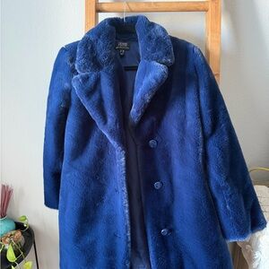 Dennis Basso Luxurious Blue Faux Fur Pea Coat